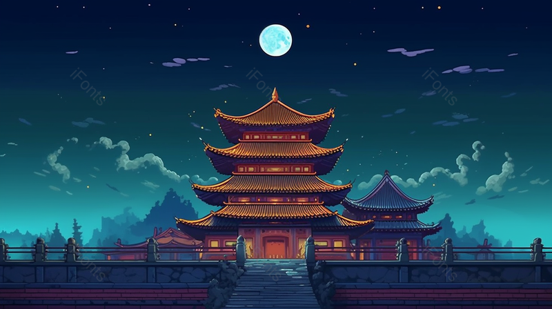 国潮故宫建筑夜晚圆月月夜城楼城墙古风插画,插画/手绘图,插画/手绘图库,插画/手绘图下载,插画/手绘